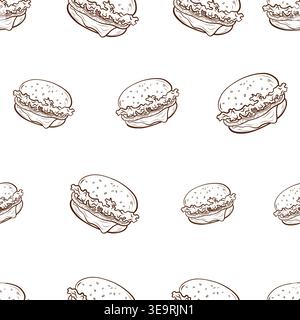 Nahtloses Muster mit sich wiederholenden Hamburgern, gezeichnet in brauner Strichkunst. Handgezeichnete Vektorillustration in minimalem Umrissstil. Fastfood-Objekt. Suitabl Stock Vektor