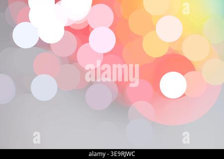 Sanfte Bokeh-Lichter in warmen Korallen-, Gelb- und Weißtönen auf einem neutralen grauen Hintergrund schaffen eine gemütliche und elegante abstrakte Darstellung. Stockfoto