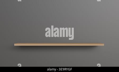 Ein leeres Wandregal aus Holz auf grauem Hintergrund für Produktplatzierung, Innenarchitektur, Objektpräsentation und Mockups Stockfoto