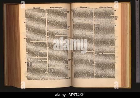 Jacob van Liesvelt (* 1545), ein einflussreicher Antwerpener Drucker, veröffentlichte 1534 eine niederländische Bibel, die auf Martin Luthers Neutestamentalübersetzung basiert. Seine Arbeit war entscheidend für die Verbreitung reformatorischer ideale in den Niederländern. Das Archivbild zeigt eine Seite aus dieser entscheidenden Bibel. Stockfoto