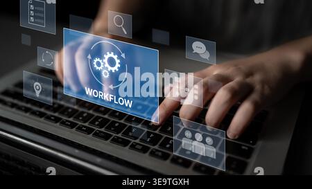 Workflow-Optimierungskonzept mit vernetzten Gängen, Aufgabenverwaltung, Zusammenarbeit, Prozesszuordnung, Überprüfung, und Automatisierung für Unternehmen Stockfoto