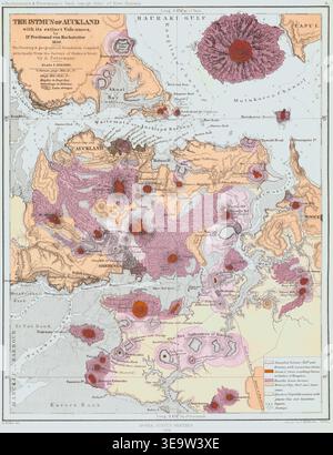 Ferdinand von Hochstetter (1829–1884) war ein deutscher Geologe und Entdecker. Seine 1864 erschienene Karte des Auckland-Vulkanfeldes, die ursprünglich im Geologisch-topographischen Atlas von Neu-Seeland veröffentlicht wurde, bietet einen detaillierten Blick auf die erloschenen Vulkane in der Auckland-Region Neuseelands. Stockfoto