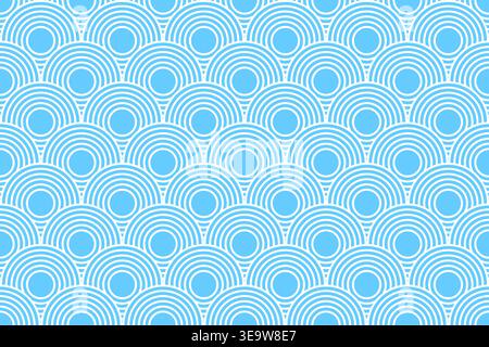 Wiederholt überlappende blaue konzentrische Kreise. Meer- oder Meereswellenmuster. Wasser- oder Wolkenmuster im orientalischen Stil. Abstraktes minimalistisches asiatisches Ornament. Hintergrundbild mit Sommermotiv. Vektorabbildung. Stock Vektor