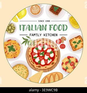 Italienischer Essenskartenhintergrund mit Pizza und Spaghetti. Handgezeichnete Kreisvektor-Illustration für Café-Menü und Restaurant-Vorlage. Zeichentrickzeichnung mit Tiramisu-Kuchen für Produktverpackungen. Stock Vektor