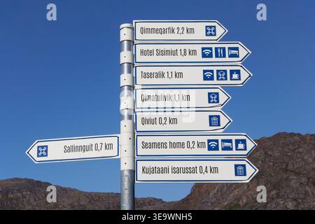 Wegweiser zu lokalen Sehenswürdigkeiten, Restaurants, Hotels und Sehenswürdigkeiten in Sisimiut, Grönland Stockfoto