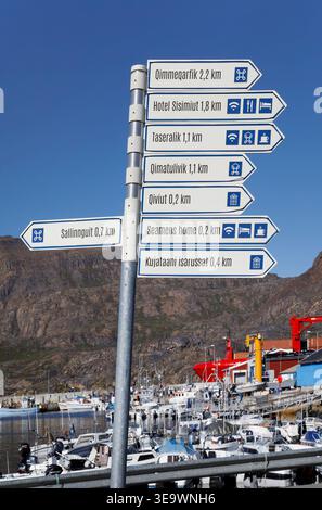 Wegweiser zu lokalen Sehenswürdigkeiten, Restaurants, Hotels und Sehenswürdigkeiten am Hafen von Sisimiut in Grönland Stockfoto