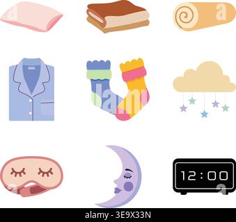 Eine sanfte Illustrationskollektion mit Schlafenszeiten-Artikeln, darunter Kissen, zusammengefaltete Decke, Schlafshirt, gemütliche Socken und mobile Cloud für Babys Stock Vektor