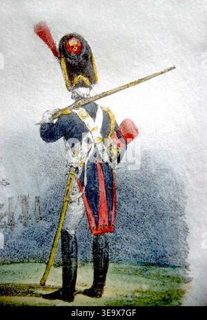 Carle Vernet (1758–1836) war ein französischer Maler, der für seine militärischen Untertanen bekannt war. Die fotografische Reproduktion dokumentiert seine Darstellung eines Grenadiers der Kaiserlichen Garde zu Pferd im Jahr 1812. Stockfoto
