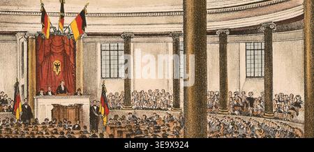 Ludwig von Elliot (Daten unbekannt) war ein Künstler, dessen zeitgenössische Zeichnung die Eröffnung des Frankfurter Parlaments 1848 in der Paulskirche dokumentiert. Der historische Fotodruck gibt den farbigen Stich wieder, der den Tisch des Präsidenten und das Porträt Germania von Philipp Veit zeigt. Stockfoto