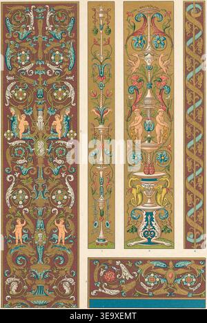 Das polychromatische Ornament ist ein dekoratives Design mit mehreren Farben. Das Archivfotogramm dokumentiert seine Form und Details, wie sie in einem gedruckten Seitenschnitt wiedergegeben werden. Stockfoto