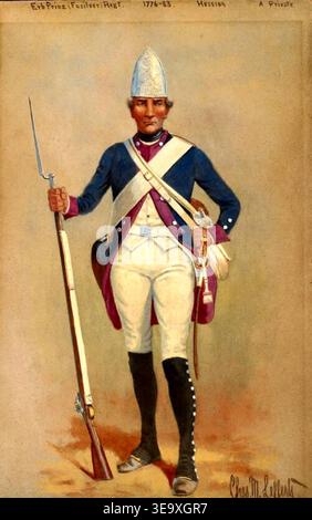 Charles M. Lefferts (1873–1923) war ein Künstler, der für seine Darstellungen von Nachstellungen des Unabhängigkeitskriegs bekannt war. Dieses Archivbild zeigt einen Reenactor, der einen Hessischen Privaten aus dem Erb Prinz Fusileer Regiment von Hessen-Cassel um 1775 darstellt. Das Foto zeigt die Militärkleidung und Ausrüstung eines Söldnersoldaten im Amerikanischen Unabhängigkeitskrieg. Stockfoto