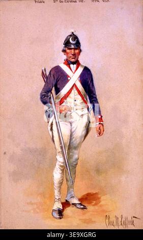 Charles M. Lefferts (1873–1923) war ein bekannter Künstler, der für seine militärischen Darstellungen des Amerikanischen Unabhängigkeitskrieges bekannt war. Dieses Archivbild zeigt einen Reenactor, der einen Privaten der 2. South Carolina Continental Infantry um 1775 darstellt. Das Foto zeigt die unverwechselbare Uniform und militärische Ausrüstung, die Soldaten der Kontinentalarmee während des Unabhängigkeitskriegs trugen. Stockfoto