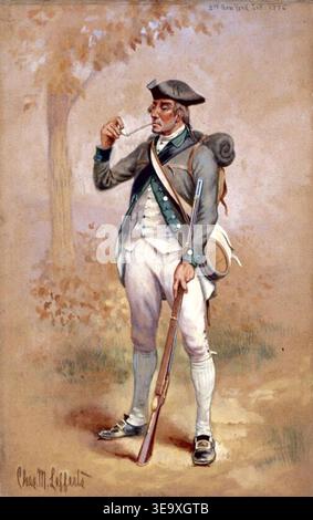 Charles M. Lefferts (1873–1923), ein US-amerikanischer Militärkünstler, ist bekannt für seine detaillierten Darstellungen von Soldaten aus dem Unabhängigkeitskrieg. Dieses Archivfoto zeigt einen Reenactor, der einen Privaten aus dem 3. New York Infanterieregiment um 1775 darstellt. Das Bild zeigt die markante Uniform, die Soldaten der Kontinentalarmee während der Amerikanischen Revolution trugen. Stockfoto