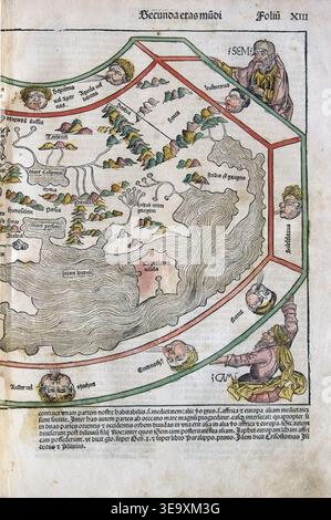 Hartmann Schedel (1440–1514) war ein deutscher Humanist und Autor der Nürnberger Chronik von 1493. Der historische Fotodruck reproduziert die Seite Indiens aus der Karte Asiens der Chronik und veranschaulicht die frühe europäische Kartographie und den textlichen Kontext. Stockfoto