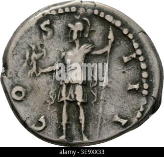 Die *Denar RIC 161* ist ein römischer Denar, der während der Regierungszeit von Kaiser Hadrian (117–138 n. Chr.) herausgegeben wurde. Diese Münze, geprägt zwischen 125 und 128 n. Chr., zeigt die Rückseite mit einem symbolischen Design. Stockfoto