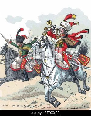 Richard Knötel (1857–1914) war ein bekannter deutscher Militärkünstler, der für seine Darstellung historischer Uniformen bekannt war. Diese Illustration, die vor 1914 erstellt wurde, zeigt einen Husaren und Trompetenspieler aus der Elite-Kompanie des 7. Husarenregiments im Jahr 1807. Knötels Werke sind ein bedeutender visueller Nachweis europäischer Militärkleidung im 18. Und 19. Jahrhundert. Stockfoto