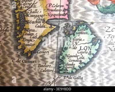Madras ist auf einer Karte aus der Hondius and Jansson Edition von 1628 des Mercator atlas dargestellt. Das Archivbild dokumentiert die kartographische Darstellung der indischen Küste im frühen 17. Jahrhundert. Stockfoto