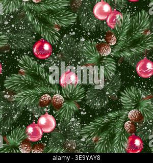 Nahtloses Weihnachtsmuster mit roten Kugeln und Tannenzweigen. Handgezeichneter dunkler Weihnachtshintergrund Stockfoto