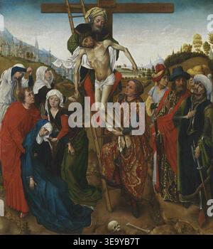 Rogier van der Weyden (1399/1400–1464) war ein niederländischer Maler der frühen niederländischen Zeit. Der Archivdruck dokumentiert sein Gemälde „Kreuzabnahme“ aus der Mitte des 15. Jahrhunderts, das die Abschrift Christi vom Kreuz darstellt. Stockfoto