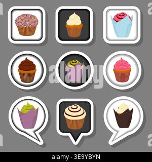 Illustration zu Motto Set Symbole für Kuchen Cupcake, Logo Kuchen Cupcake bestehend aus flachem Design mit Elementen Mobile Web Apps, Kollektion Modern Infog Stock Vektor