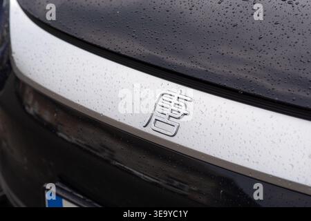 Kiew, Ukraine - 22. August 2025: BYD Tang SUV, moderne elektrische Frequenzweiche, im Freien geparkt. Nahaufnahme des chinesischen Autologos mit Regentropfen auf der Fahrzeugoberfläche Stockfoto
