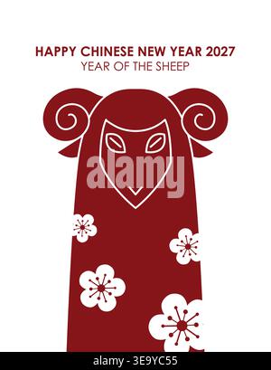 Minimalistisches Sternzeichen-Schaf-Poster mit Pflaumenblüten. Chinesisches Neujahrsjahr der Schafe 2027 oder vertikale Grußkartenvorlage für das Jahr des RAM. Stock Vektor