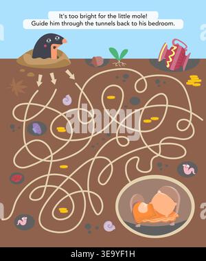 Kinder lehrreiche Vektor-Labyrinth-Puzzle mit niedlichem Maulwurf Suche Pfad durch unterirdische Tunnel zum Schlafzimmer. Farbenfrohes Labyrinth-Spiel im Cartoon-Stil Stock Vektor