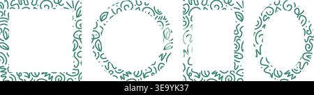 Set von Rahmen in einheitlichem Stil mit Doodle-Blatt-Mustern. Leere kreisförmige, quadratische, rechteckige und ovale Füllformen. Handgezeichnete Folienränder schaffen Stock Vektor