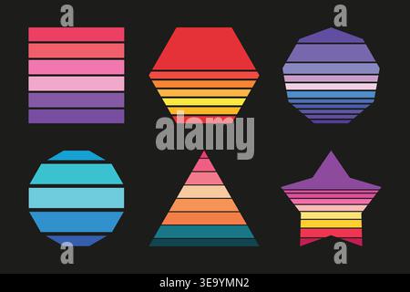 Trendige Vintage-Kunstsammlung mit Retro-Sonnenuntergang. Verschiedene geometrische Formen Stock Vektor