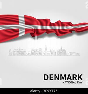 Begrüßung zum dänischen Nationalfeiertag mit schwenkender Flagge und Skyline von Kopenhagen Stock Vektor