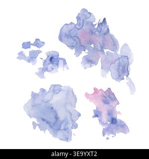Blaue und violette Wasserfarben mit weichen Kanten, Pigmentblüten und abstrakten Flecken. Isolierte Illustration, handgezeichnet in Aquarell. Hintergrund Stockfoto