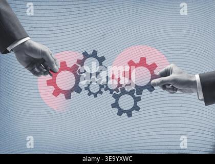 Business-Concept-Collage mit zweihändig verbindenden Zahnrädern. Vintage-Stil mit genarbter Papierstruktur, blauer Wellenlinie und roten runden Akzenten Stockfoto