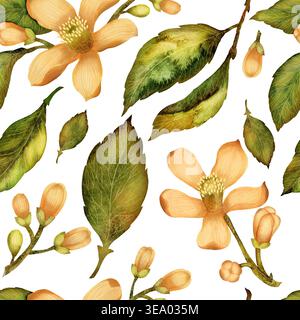 Nahtloses Muster von Blumen, Knospen und Blättern. Handgezeichnete Aquarellillustration isoliert auf weißem Hintergrund Stockfoto