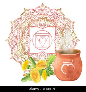 Wasserfarben-Tontopf mit heißem Aufguss und Dampf, Löwenzahn-Bouquet vorne, Muladhara-Wurzel-Chakra-Symbole und rot-goldenes Mandala. Handbemalt Stockfoto