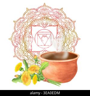 Wasserfarben-Tontopf mit heißem Aufguss, Löwenzahnstrauß vorne, rot-goldenes Mandala mit Muladhara Wurzel Chakra Symbol im Hintergrund. Handbemalt Stockfoto