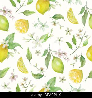Nahtloses Aquarellmuster mit Zitronen, Zitrusscheiben, weißen Blüten und grünen Blättern. Botanisches Fruchtwiederholungsmuster für Küchentextilien und Tapeten Stock Vektor