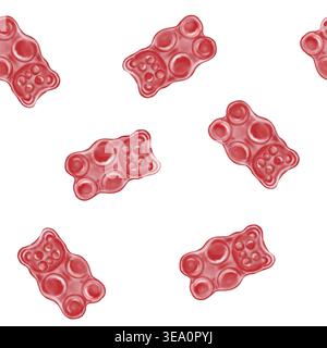Nahtloses Muster aus rotem Gummibär in Aquarellfarbe. Zarte Süßigkeiten in Form eines Bären. Clip Art. Perfekt zum Entwerfen und Verpacken von Süßigkeiten und Vitaminen. Stockfoto
