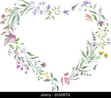 Aquarell-blumiger Herzrahmen mit Lavendel, Wildblumen, grünen Blättern. Handgemalte botanische Girlande für Hochzeitseinladungen, Grußkarten. Vektor. Stock Vektor
