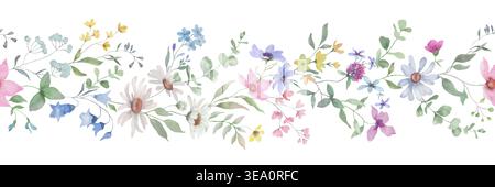 Nahtloser Blumenrand in Aquarellfarben mit wilden Gänseblümchen und Wiesenblumen. Botanisches Sommerfeld Pflanzen horizontales Muster. Handgemaltes Grün. Vektor. Stock Vektor