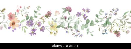 Nahtloser Blumenrand in Aquarellfarben mit Wildklee und Wiesenblumen. Botanisches Sommerfeld Pflanzen horizontales Muster, handgemaltes Grün.Vektor. Stock Vektor