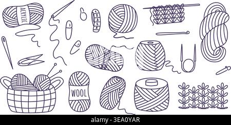 Strickkritzelset. Handgezogene Tusche, einschließlich Garnklammern, Stricknadeln, Häkelnadel, Nadel, Garn, und Strickmaterial. Vektor Stock Vektor