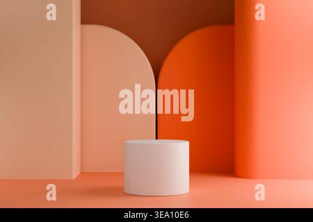 Orangefarbener und pfirsichfarbener Studiohintergrund mit leerer Display-Plattform Stockfoto