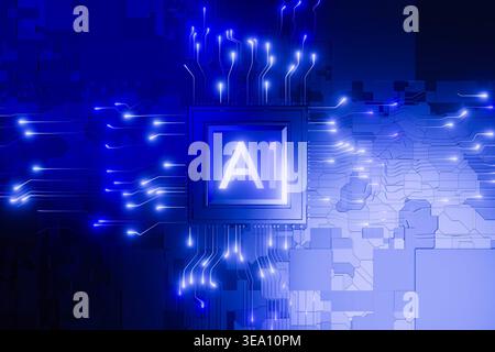 Menschliches Gehirn mit Schaltkreisen und künstlichen Intelligenzdaten Stockfoto