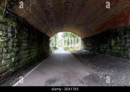 Blick aus dem Inneren eines gemauerten Eisenbahnbrückentunnels entlang des Whitby Cinder Track, der einen gepflasterten Wander- und Radweg zeigt, der in den Wald führt. Das Formular Stockfoto