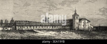 Mission Santa Clara de Asis, franziskanische Mission in Santa Clara, Kalifornien, Vereinigte Staaten von Amerika. Zeichnung von Hubert Clerget (1818–1899) The White Conquest, A Journey to the United States of America, 1875 von William Hepworth Dixon (1821–1879) Le Tour du Monde 1876 Stockfoto