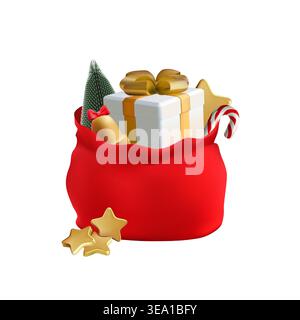 3D-Weihnachtsmann-Tasche mit goldgewickeltem Geschenk. Weihnachtsbaum, Wintergeschenk. Zuckerrohr, Jingle Glocke rote Ornament Sackbeutel. Großer Überraschungsvektor auf Stock Vektor
