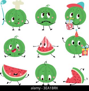Wassermelonenzeichen. Comic-Maskottchen mit saftigen Früchten. Lustige Wassermelonen und Scheiben mit verschiedenen Emotionen und Posen. Entzückende Frucht heutzutage Vektor-Set Stock Vektor