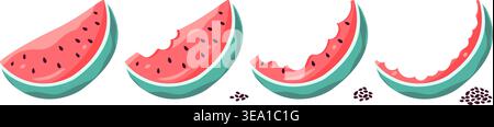 Wassermelone essen. Saftige Fruchtscheiben, Bissen Schritt für Schritt. Essen Sie nach und nach saftiges, vitaminreiches frisches Obst. Cartoon Wassermelonen und Samen, heute Stock Vektor