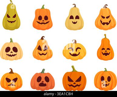 Halloween-Kürbisfiguren. Saisonale Kürbisse mit verschiedenen emotionalen Gesichtern. Halloween wundervolle Grimaces, Herbstfest Aufkleber, sapid Vektor Stock Vektor