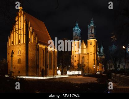 Kathedrale von Posen und Kirche unserer Lieben Frau in Summo - Nachtblick auf das historische Viertel Ostrów Tumski. Stockfoto